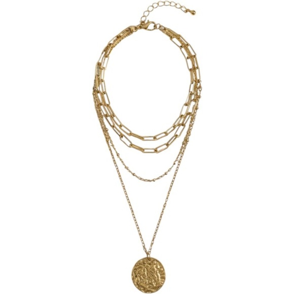 Gold Tone Multi Strand Layered Paperclip Box Chain Hammered Coin Pendant Necklce